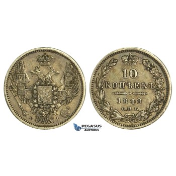 N43, Russia, Nicholas I, 10 Kopeks 1848 СПБ-HI, St. Petersburg, Silver, Nice!