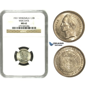 N69, Venezuela, 1/2 Bolivar 1921 Wide Date, Silver, NGC MS62, Rare!