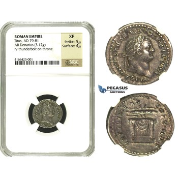 N70, Roman Empire, Titus (79-81 AD) AR Denarius (3.12g) Struck 80 AD, Rome, Thunderbolt, NGC XF 5/5, 4/5