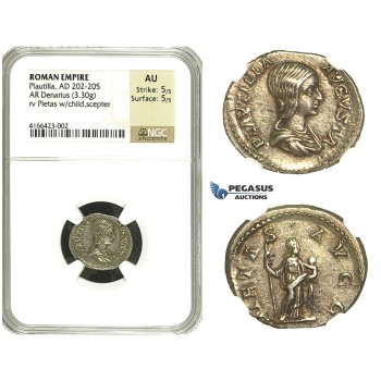 N71, Roman Empire, Plautilla (202-205 AD) AR Denarius (3.30g) Struck 203 AD, Rome, Pietas, NGC AU 5/5 5/5