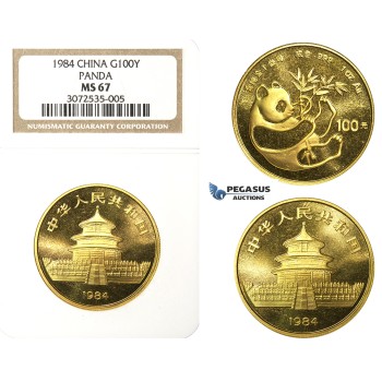 N72, China, 100 Yuan 1984 (Gold Panda) 1 Oz. (.999 Fine gold) NGC MS67 (Removed from slab)