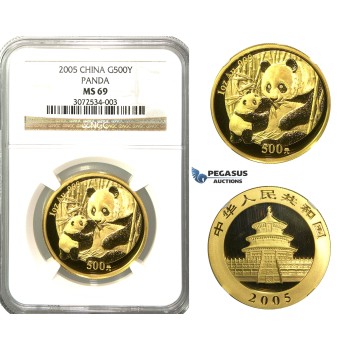 N73, China, 500 Yuan 2005 (Gold Panda) 1 Oz. (.999 Fine gold) NGC MS69