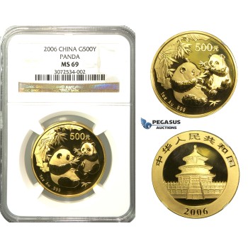 N74, China, 500 Yuan 2006 (Gold Panda) 1 Oz. (.999 Fine gold) NGC MS69