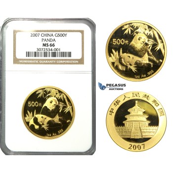 N75, China, 500 Yuan 2007 (Gold Panda) 1 Oz. (.999 Fine gold) NGC MS66