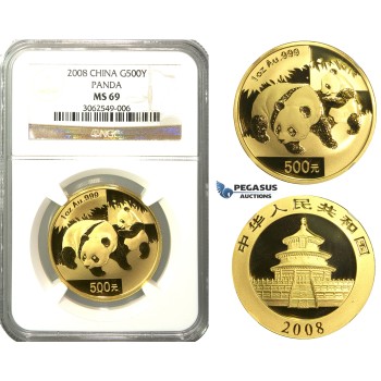 N76, China, 500 Yuan 2008 (Gold Panda) 1 Oz. (.999 Fine gold) NGC MS69