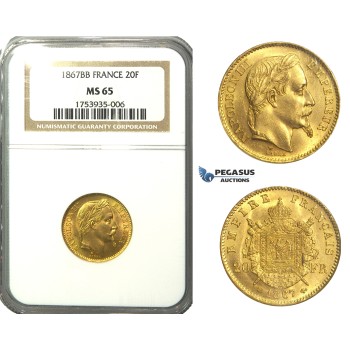 N78, France, Napoleon III, 20 Francs 1867-BB, Strasbourg, Gold, NGC MS65