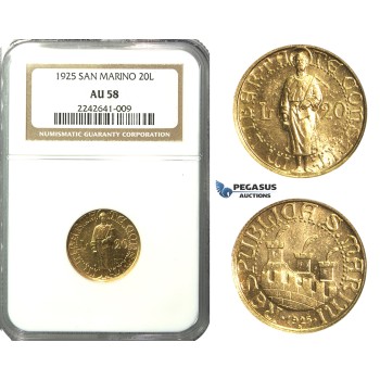 N79, San Marino, 20 Lire 1925-R, Rome, Gold, NGC AU58, Rare!