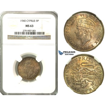 N80, Cyprus, George VI, 9 Piastres 1940, Silver, NGC MS63