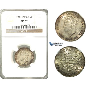 O05, Cyprus, George VI, 9 Piastres 1938, Silver, NGC MS62