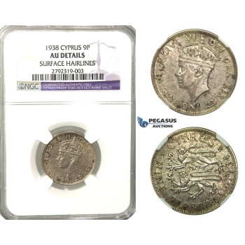 O06, Cyprus, George VI, 9 Piastres 1938, Silver, NGC AU Details