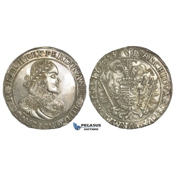 O13, Hungary, Ferdinand III, Taler 1653 K-B, Kremnitz, Silver (28.37g) Mint luster, High Grade! Rare condition!