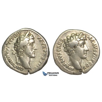 O75, Roman Empire, Antoninus Pius, with Marcus Aurelius as Caesar (138-161 AD) AR Denarius (3.06g) Struck 141 AD, Rome