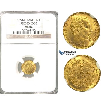 O81, France, Napoleon III, 5 Francs 1854-A (Reeded edge) Paris, Gold, NGC MS62