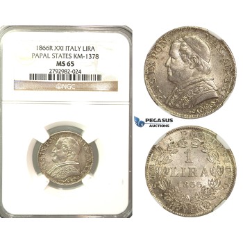 O85, Italy, Papal States, Pius IX, Lira 1866-R (XXI) Rome, Silver, NGC MS65 (Pop 1/2, No finer)