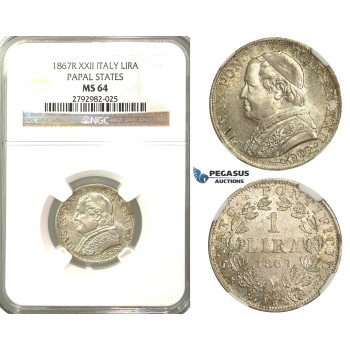 O86, Italy, Papal States, Pius IX, Lira 1867-R (XXII) Rome, Silver, NGC MS64 (Pop 1/2, No finer)