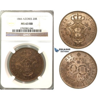 O88, Portugal, Azores, 20 Reis 1866, NGC MS63RB