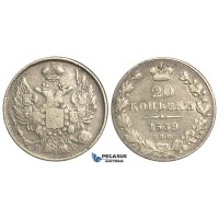 O94, Russia, Nicholas I, 20 Kopeks 1839 СПБ-НГ, St. Petersburg, Silver