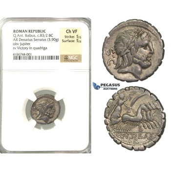 P02, Roman Republic, Q. Antonius Balbus (83-82 BC) AR Denarius Serratus (3.90g) Rome. Quadriga, NGC Ch VF