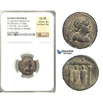 P04, Roman Republic, Cn. Egnatius Maxsumus (76 BC) AR Denarius (3.70g) Rome, Cupid/Temple, Rare! NGC Ch VF