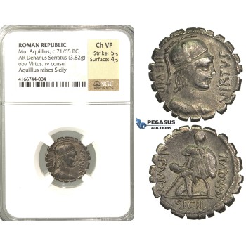 P05, Roman Republic, Mn. Aquillius (ca. 71/65 BC) AR Denarius Serratus (3.82g) Rome, Sicily, NGC Ch VF