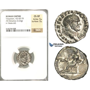 P10, Roman Empire, Vespasian (69-79 AD) AR Denarius (3.22g) Rome, Vesta, NGC Ch XF