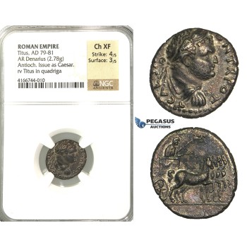P11, Roman Empire, Titus As Caeser (79-81 AD) AR Denarius (2.78g) Antioch, Struck under Vespasian, 72-73 AD, Judaea Capta, Rare! NGC Ch XF