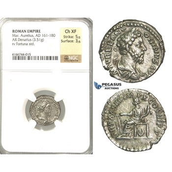 P12, Roman Empire, Marcus Aurelius (161-180 AD) AR Denarius (3.51g) Jan-March 180 AD, Rome, Fortuna, Rare! NGC Ch XF