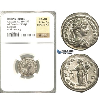 P14, Roman Empire, Caracalla (198-217 AD) AR Denarius (3.55g) Laodicea, Moneta, NGC Ch AU