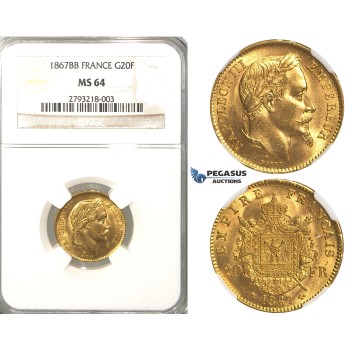 P19, France, Napoleon III, 20 Francs 1867-BB, Strasbourg, Gold, NGC MS64