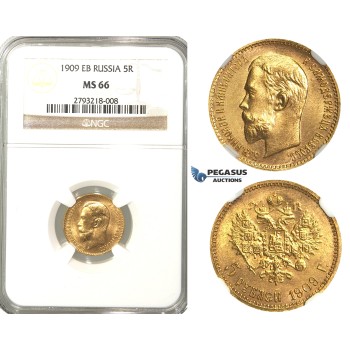 P23, Russia, Nicholas II, 5 Roubles 1909 (ЭБ) St. Petersburg, Gold, NGC MS66, Rare!