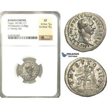 P49, Roman Empire, Trajan (98-117 AD) AR Denarius (3.00g) Rome, 100 AD, Victory, NGC XF