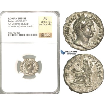 P50, Roman Empire, Trajan (98-117 AD) AR Denarius (3.32g) Rome, 101-102 AD, Vesta, NGC AU