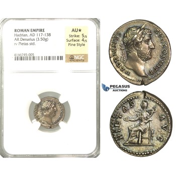 P52, Roman Empire, Hadrian (117-138 AD) AR Denarius (3.50g) Rome, 134-138 AD, Pieatas, NGC AU* Star