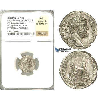 P55, Roman Empire, Septimius Severus (193-211 AD) AR Denarius (3.27g) Rome, 195 AD, Captives, NGC AU