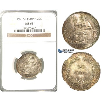 P75, French Indo-China (Vietnam) 20 Centimes 1901-A, Paris, Silver, NGC MS65