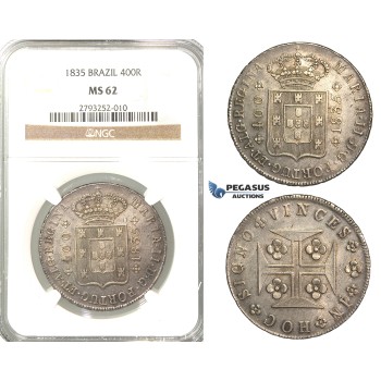 P79, Portugal, Maria II, 400 Reis 1835, Lisbon, Silver, NGC MS62 (Slab error)