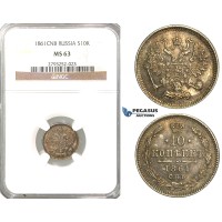 P92, Russia, Alexander II, 10 Kopeks 1861 СПБ, St. Petersburg, Silver, NGC MS63