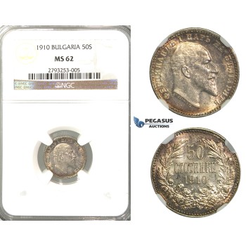 R04, Bulgaria, Ferdinand, 50 Stotinki 1910, Silver, NGC MS62