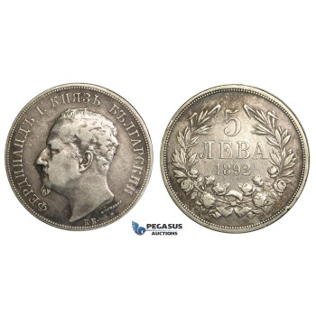 R06, Bulgaria, Ferdinand I, 5 Leva 1892-KB, Kremnica, Silver, Nice and Uncleaned!