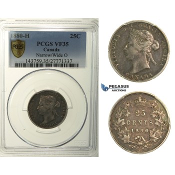 R110, Canada, Victoria, 25 Cents 1880-H (Narrow/Wide O) Heaton, Silver, PCGS VF35, Rare!