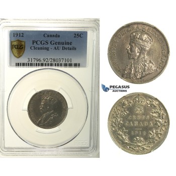 R115, Canada, George V, 25 Cents 1912, Silver, PCGS AU Details