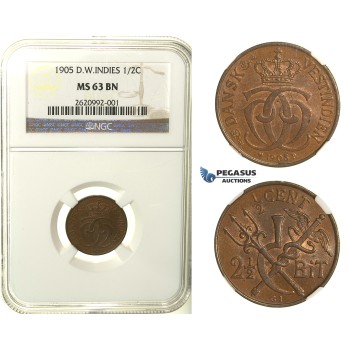 R123, Danish West Indies, Christian IX, 1/2 Cent/2 1/2 Bit 1905, NGC MS63BN