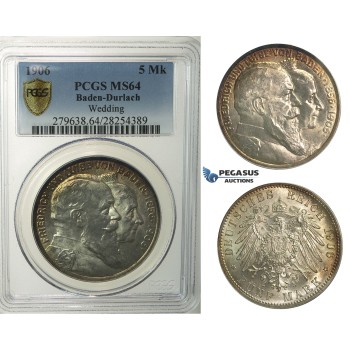 R141, Germany, Baden-Durlach, 5 Mark 1906 (Wedding) Silver, PCGS MS64