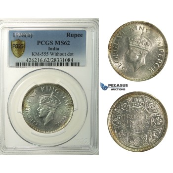 R148, India (British) George VI, Rupee 1938(b) Bombay, Silver, KM555 (Without dot) PCGS MS62