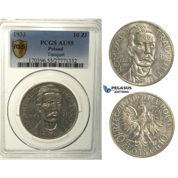 R156, Poland, 10 Zlotych 1933 (Traugutt) Warsaw, Silver, PCGS AU55