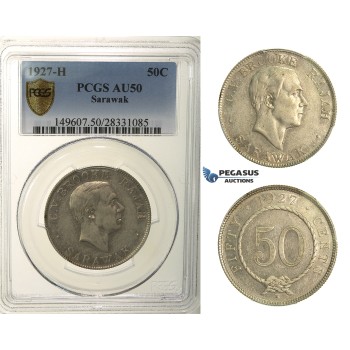 R162, Sarawak, C.V. Brooke Rajah, 50 Cents 1927-H, Heaton, Silver, PCGS AU50