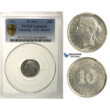 R164, Straits Settlements, Victoria, 10 Cents 1896, Silver, PCGS UNC Details