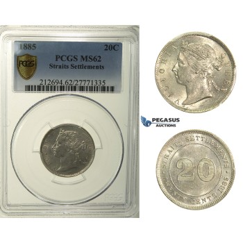 R166, Straits Settlements, Victoria, 20 Cents 1885, Silver, PCGS MS62, Rare!