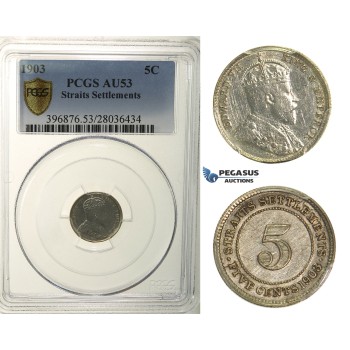 R167, Straits Settlements, Edward VII, 5 Cents 1903, Silver, PCGS AU53