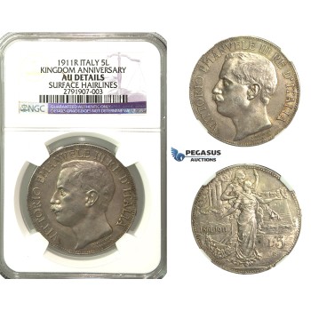 R174, Italy, Vit. Emanuele III, 5 Lire 1911-R, Rome, NGC AU Details